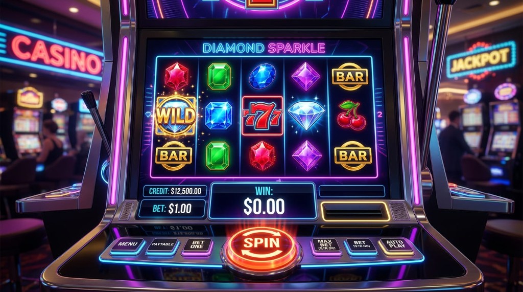 Rodillos de una tragamonedas Mi Casino con panel de apuesta visible